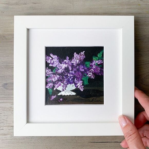 Framed Original Painting Purple Lilac Flowers Floral Dark Background Signed 7x7 - Picture 2 of 4